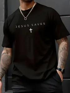 100% Cotton Jesus Saves Cross Subtle Christian Minimal Religious Faith T-Shirt, Western Outfits Shirts Men's Graphic Tees Top