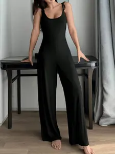 Women's Summer Autumn Solid Color Casual Chic Comfortable Knit Belted Wide Leg Jumpsuit Home Wear, Ladies One-Piece Loungewear