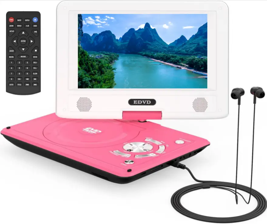 11.5" Portable DVD Player , 9.5" Swivel HD Screen,headphone compatible, 4-6H Rechargeable Battery, DVD/SD/USB Inputs, Dual Stereo Audio Speakers, TV Sync, Headphone Compatible, Karaoke & CD Music Functions, Car Accessories (Red)
