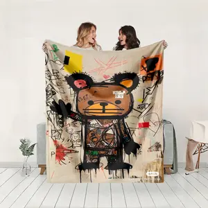 1 piece The Artistic World of Doodle Bear themed flannel blanket - Super soft fluffy flannel sofa blanket, suitable for beds and sofas, all-season use, modern geometric pattern design, digital printing, 100% polyester material, machine washable