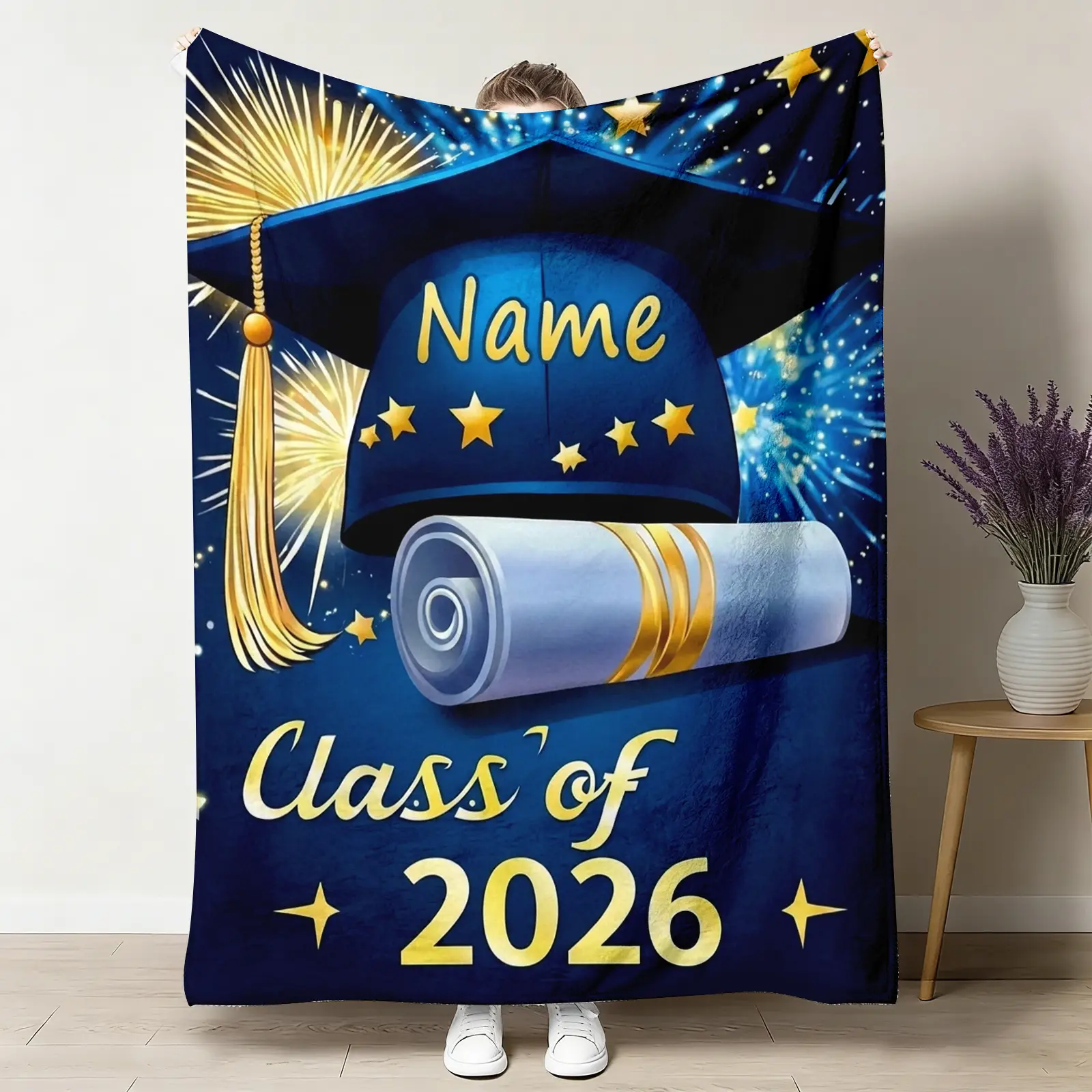 Customized 2026 Commemorative Graduation Blanket - Wrinkle Resistant Sublimation Print Fabric, Lightweight Flannel, Durable Modern PVC-Infused All-Seasons Soft Bedspread, Machine Wash, for Graduation Parties, Classroom Decor
