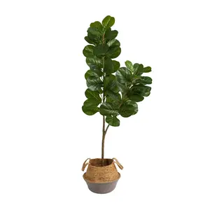4.5' Fiddle Leaf Fig w/Woven Striped Planter by Nearly Natural