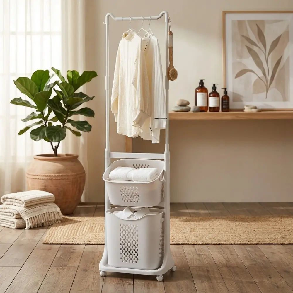Littleox 2-Tier Laundry Hamper Sorter with Hanging Bar, Rolling Laundry Baskets with Wheels Removable, Stackable Laundry Cart Organizer and Storage for Small Space, Dorm, Closet, Bathroom