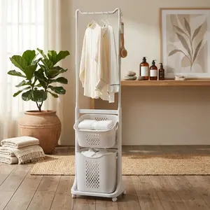 Littleox 2-Tier Laundry Hamper Sorter with Hanging Bar, Rolling Laundry Baskets with Wheels Removable, Stackable Laundry Cart Organizer and Storage for Small Space, Dorm, Closet, Bathroom