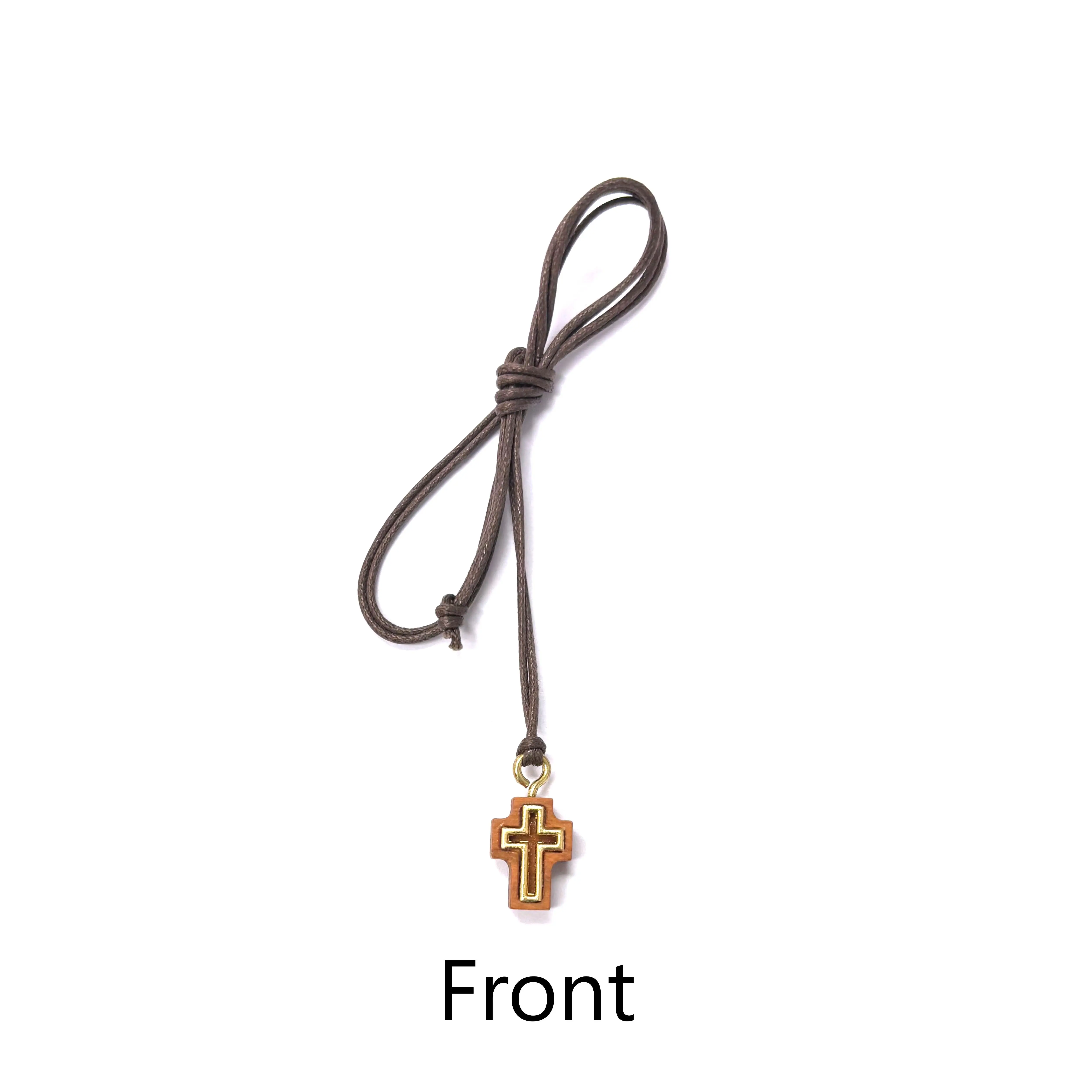 Tiny olive wood gold detail Cross with brown cord