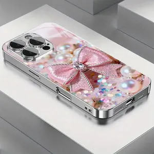 Pink Bowknot Pearl and Sequin 2D Pattern glass phone case for iPhone Air 17 16 Pro Max 15 14 PLUS 13 12 11 Samsung Galaxy S25 s24 s23 s22 Ultra FE ,Full Body Protections Shockproof Cover Creativity Fashion 11-16 furry luxury design Black 2025 creative