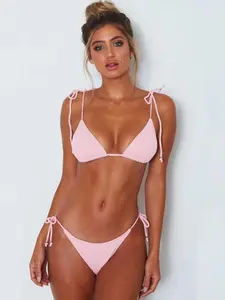 Women's Knot Shoulder Backless Triangle Swim Bra & Tie Side Swim Panty Bikinis Swimsuit Sets for Summer, Summer Outfits, Casual Fashion Spaghetti Strap Swim Top & Swim Bottom Bathing Suits 2024 for Women Summer, Women's Swimwear for Beach Holiday Vacation