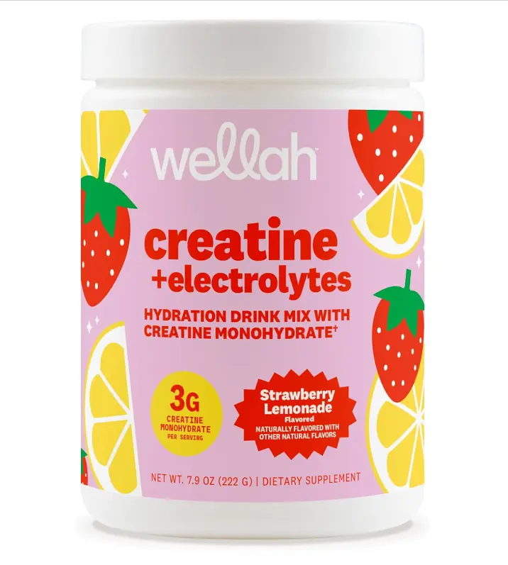 Wellah Creatine + Electrolytes Powder (Strawberry Lemonade) 30 Servings - Hydration Drink Mix with 3g of Creatine Monohydrate