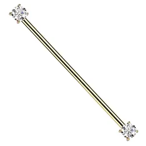 Gold PVD Prong Clear CZ Threadless Titanium Industrial Barbell