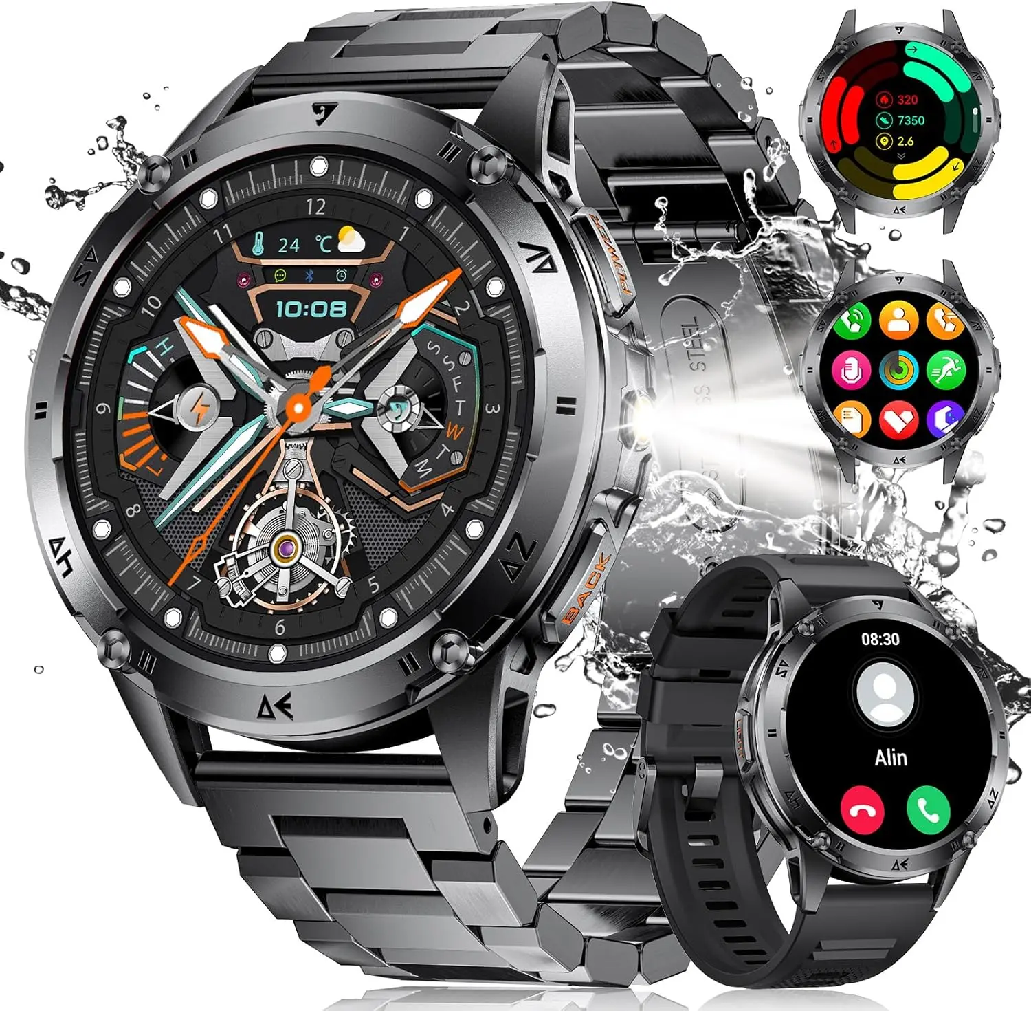 Men's Rugged Wristwatch (Wearable Device) with Leather Band - 1.43" HD AMOLED Touchscreen, IP68 Waterproof, 110+ Sport Modes (Boating Included), Heart Rate Monitor, Blood Pressure Tracker, Distance & Calorie Tracker, Call Make/Answer for iPhone & Android,