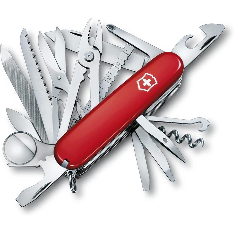 Swiss Champ Swiss Army Knife, 33 Functions, Swiss Made Pocket Knife with Large Blade, Screwdriver, Chisel and Combination Pliers - Red