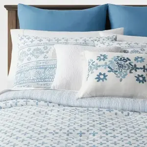 8pc King Block Print with Border Comforter Bedding Set Light Blue - Threshold