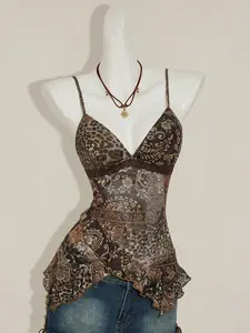 ARTYOTI Women's Vintage Paisley Print Patchwork Asymmetrical Hem Cute & Sexy Top, Autumn/Winter Leopard Print Top Brown Top For Women Animal Print Top Snake Print Top Women Tops Dressy