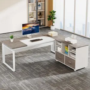 LITTLE TREE L-Shaped Executive Desk with Reversible File Cabinet, 63" Office Desk with Storage Drawers, L-Shaped Computer Desk with Drawer Cabinet for Hanging Letter Size Files,Gray & White