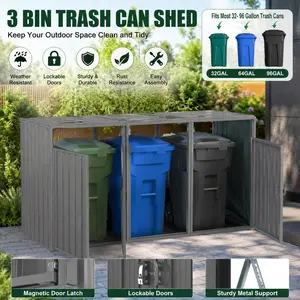 Garbage Bin Shed Stores 3 Trash Cans Metal Outdoor Storage Box Stainless Galvanized Steel Heavy Duty Triple Waste Bin Enclosure Hideaway Cabinet for Garden Yard Lawn Outside Weather Resistant Clearance