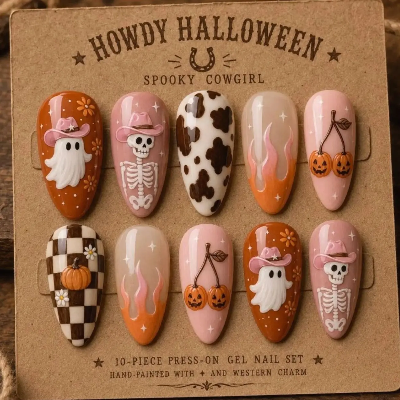 Western Harvest Press On Nails | Cow Print Ghost Flame Pumpkin Country Chic Handmade Gel Nail Art Set