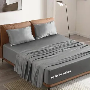 Cooling Satin 24" Deep Pocket 4PCs Sheet Set for Air Mattress Thick Mattress Topper, Luxurious Silky Soft Bedding Set (1 Fitted Sheet + 1 Flat Sheet + 2 Pillowcases), Solid Grey, Bedroom Accessories #TiktokshopStockUp