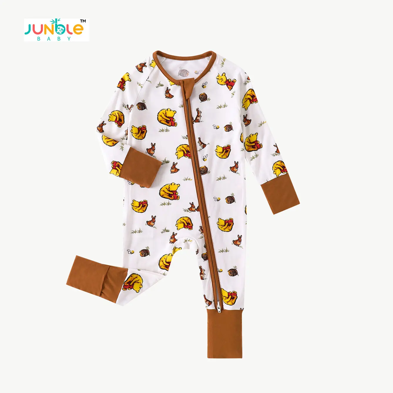 JUNBLEBABY Cotton Fiber Baby Zipper Puller Dress with Bear Print Double Zippers Reversible Foot Cover Soft Breathable Fabric Baby One-Piece Crawling Suit, Long Sleeve, Unisex, Graphic