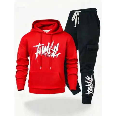 Men's 2-Piece Casual Mens Clothing Set - Hooded Jacket, Printed Fleece Long Sleeve Shirt, Elastic Waist Cargo Pants, Stylish Letter Design, Comfortable Easy-Care Fabric, Fitted Cut (Black, Red)