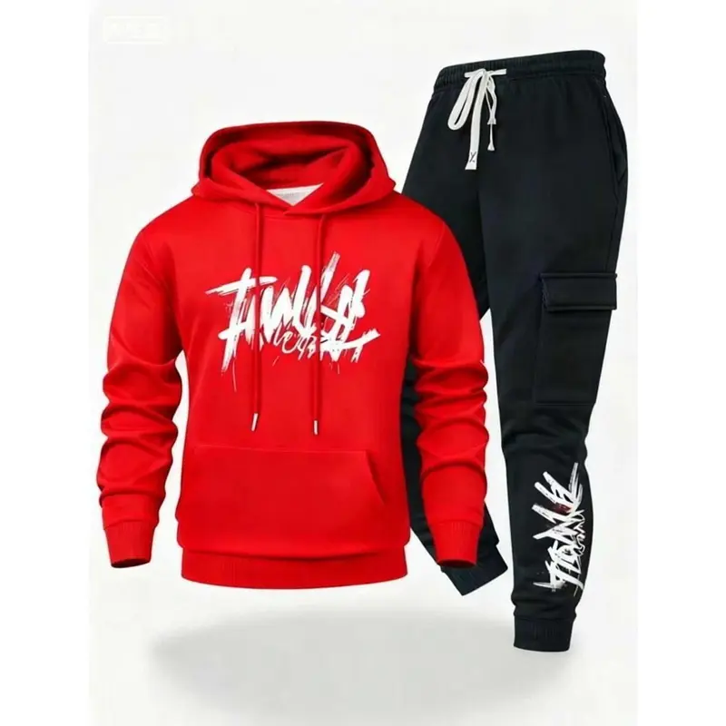 Men's 2-Piece Casual Mens Clothing Set - Hooded Jacket, Printed Fleece Long Sleeve Shirt, Elastic Waist Cargo Pants, Stylish Letter Design, Comfortable Easy-Care Fabric, Fitted Cut (Black, Red)