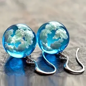 Resin Fashionable Earrings Blue Sky And White Cloud Ball Design 1 Pair Unique for Women