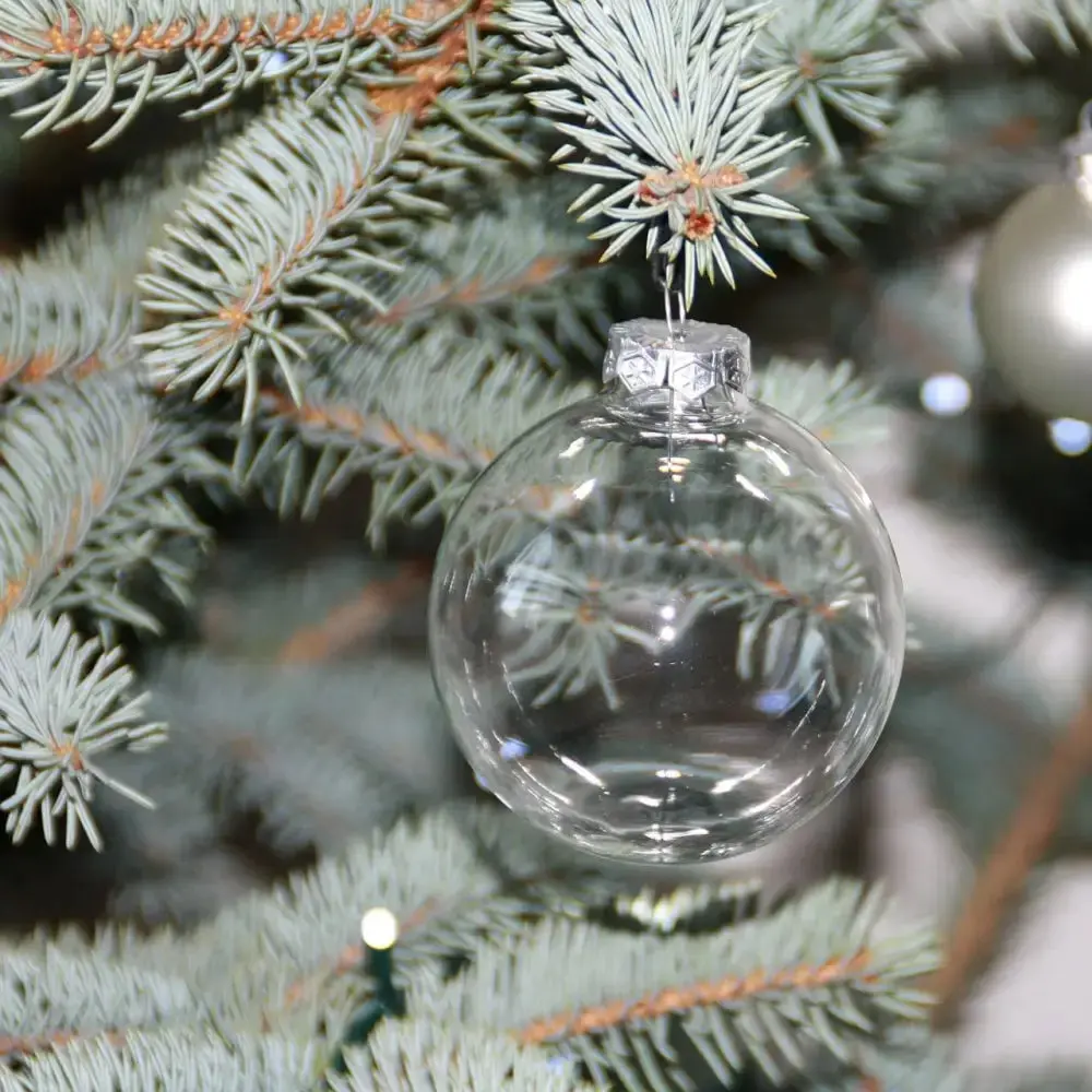 4E's Novelty 12 Pack 3.15 Inch Glass Christmas Ornament Balls - Large 80mm Fillable Clear Ornaments for Crafts Silver Ribbon for Christmas Decor