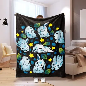 Cute Rabbit Print Flannel Cozy Blanket, Soft Fluffy Blanket, Soft Skin-Friendly Material, Perfect for Sofa Bed Leisure Scenes, All-Season Use, Ideal Gift
