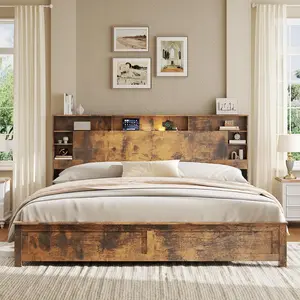 【Functional Storage Bed】FANSACE Dark Brown Full/Queen/King Size Wooden Bed Frame, Multi-Size Bed with Storage Headboard, LED Light & Charging Station, Silent Wood Slat Bed Base, No Box Spring Necessary