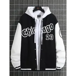 Men's Colorblock Letter & Number "23" Print Drop Shoulder Button Front Varsity Jacket, Regular Fit Casual Long Sleeve Mock Neck Outerwear for Fall & Winter, Men's Clothes for Daily Wear