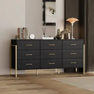 FUFU&GAGA Chest of Drawers 9 Drawer Dresser, Modern Large Dresser with Gold Metal Legs, for Bedroom Black (61.4”W x 15.7”D x 29.9”H)