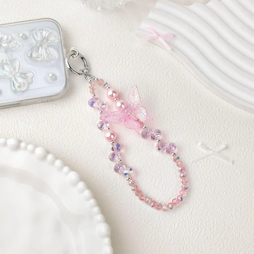 Beaded Phone Wrist Strap,Crystal Glitter Cute Butterfly Keychain Wristlet,Phone Chain Wristlet Purse Bag Charms