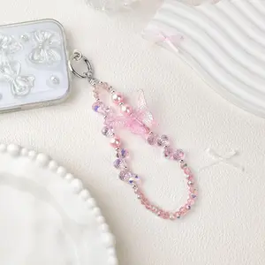 Beaded Phone Wrist Strap,Crystal Glitter Cute Butterfly Keychain Wristlet,Phone Chain Wristlet Purse Bag Charms