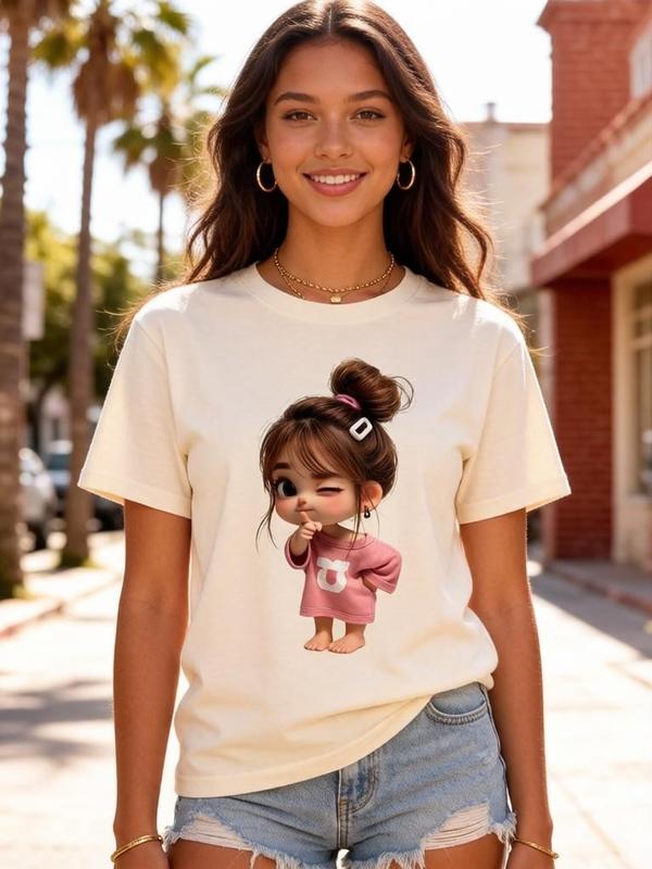 Women's 100% Cotton Crew Neck Short-Sleeve Fitted H-Type Top - Cute Graphic, Bow Detail, Beach-Friendly Fabric, Plus Sizes S-5XL, Pairs Easily with Jeans, for Valentine's Day