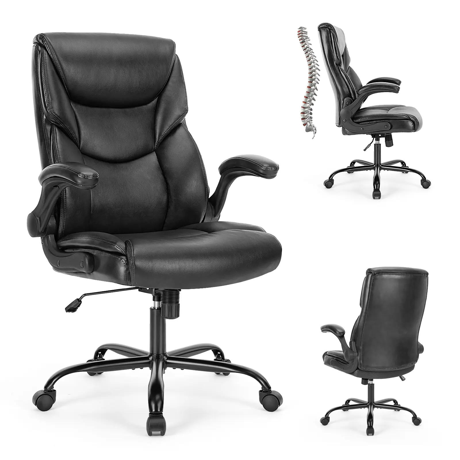 Office Chair, Leather Desk Chair with Armrests, Adjustable Swivel Rolling Chair with Wheels, Ergonomic Office Seating