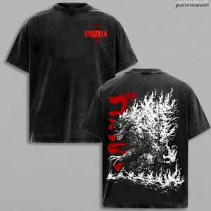 Godzilla Retro Vintage Oversized Washed T-Shirt Hoodie – Unisex Heavyweight Cotton Streetwear Pullover, Classic Movie Fan Hoodie, Gift for Men PCO 3R2