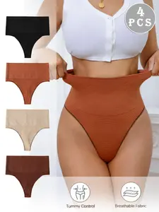 4-Pack Summer New Arrival, High-Waisted Thong Pants, Fit, Panties, Stretch Underwear, Hexagonal Pattern, Honeycomb Design, Seamless Knit, Breathable, Casual Wear