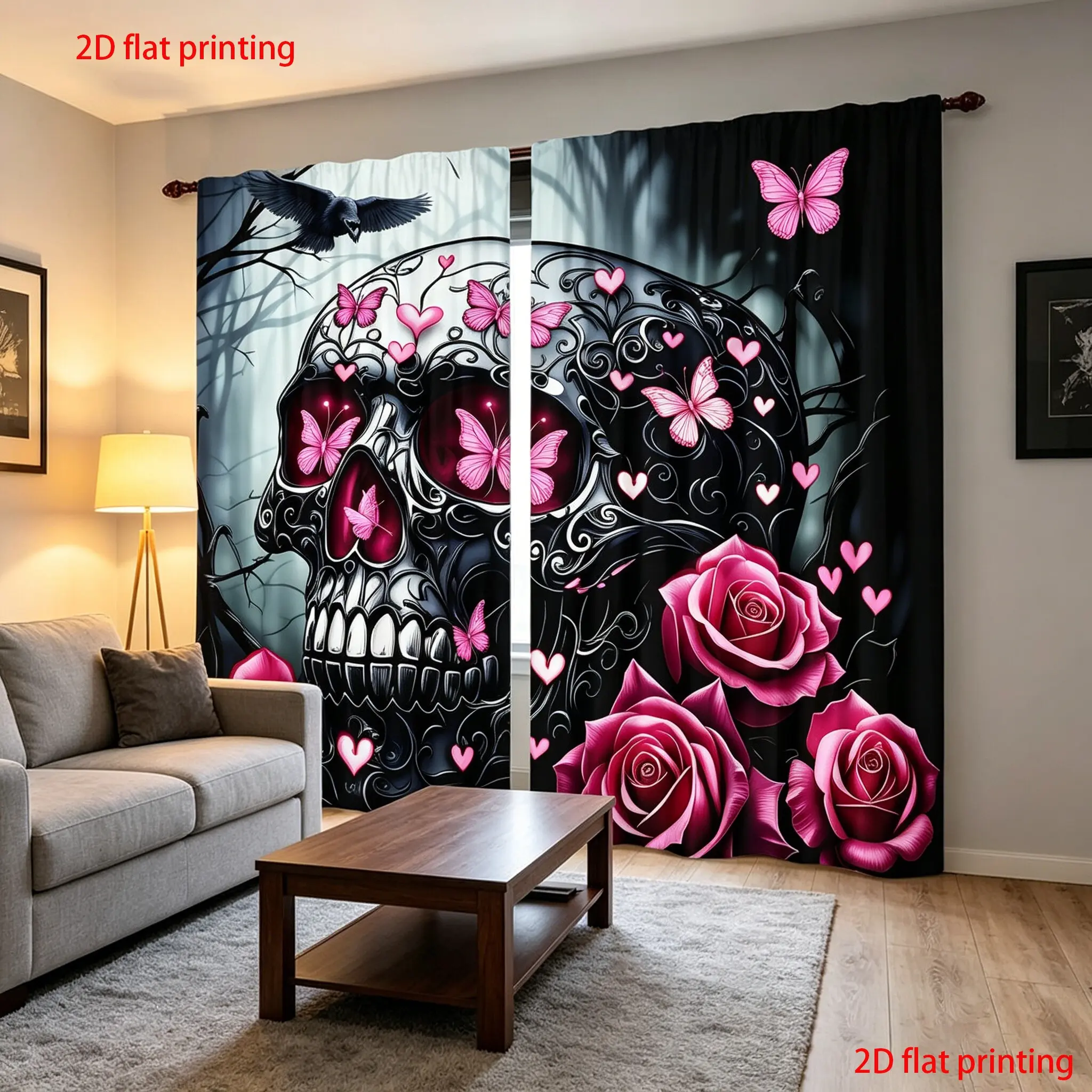 2-piece set of black background skeleton and rose print curtains, Gothic style semi blackout curtains, machine washable polyester fiber material, modern design, 2D plan, bedroom and living room curtains, kitchen curtains