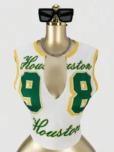 Women's White Graphic Houston Jersey Top,Back-To-School Streetwear Numeric Print Deep V Neck Sleeveless Cropped Tee,School Summmer Y2k Tank Top