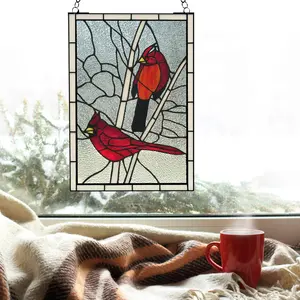 Red Cardinal framed stained glass window panels wall hanging for  home decoration