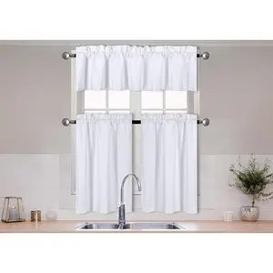 Home Collection 3 Pieces Solid Color Kitchen Curtain Set Tier and Valence with Rod Pocket Microfiber 100% Sunlight Blackout Drapes Window Treatment New (White)