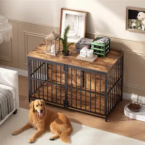 HOOBRO 46.5" Large Dog Crate Furniture, Wooden Dog Kennel Indoor, Chew-Resistant Heavy Duty Dog Cage for Large/Medium Dog, Decorative Side End Table, Rustic Brown and Black