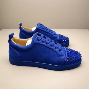 Blue suede New Riveted Red soled Sneakers, Trendy, Versatile, Personalized, Student Trendy, Flat Bottom Sneakers, Head Layer, Leather Leather