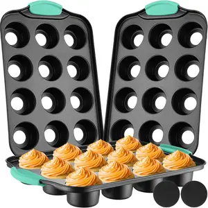 3 Pack Mini Cheesecake Pans Removable Bottom 12 Cavity Mini Cupcake Pan with  Handle Nonslip Anti Heat Nonstick Carbon Steel Muffin Mold 13" x 8" Baking Molds(Mint Green)