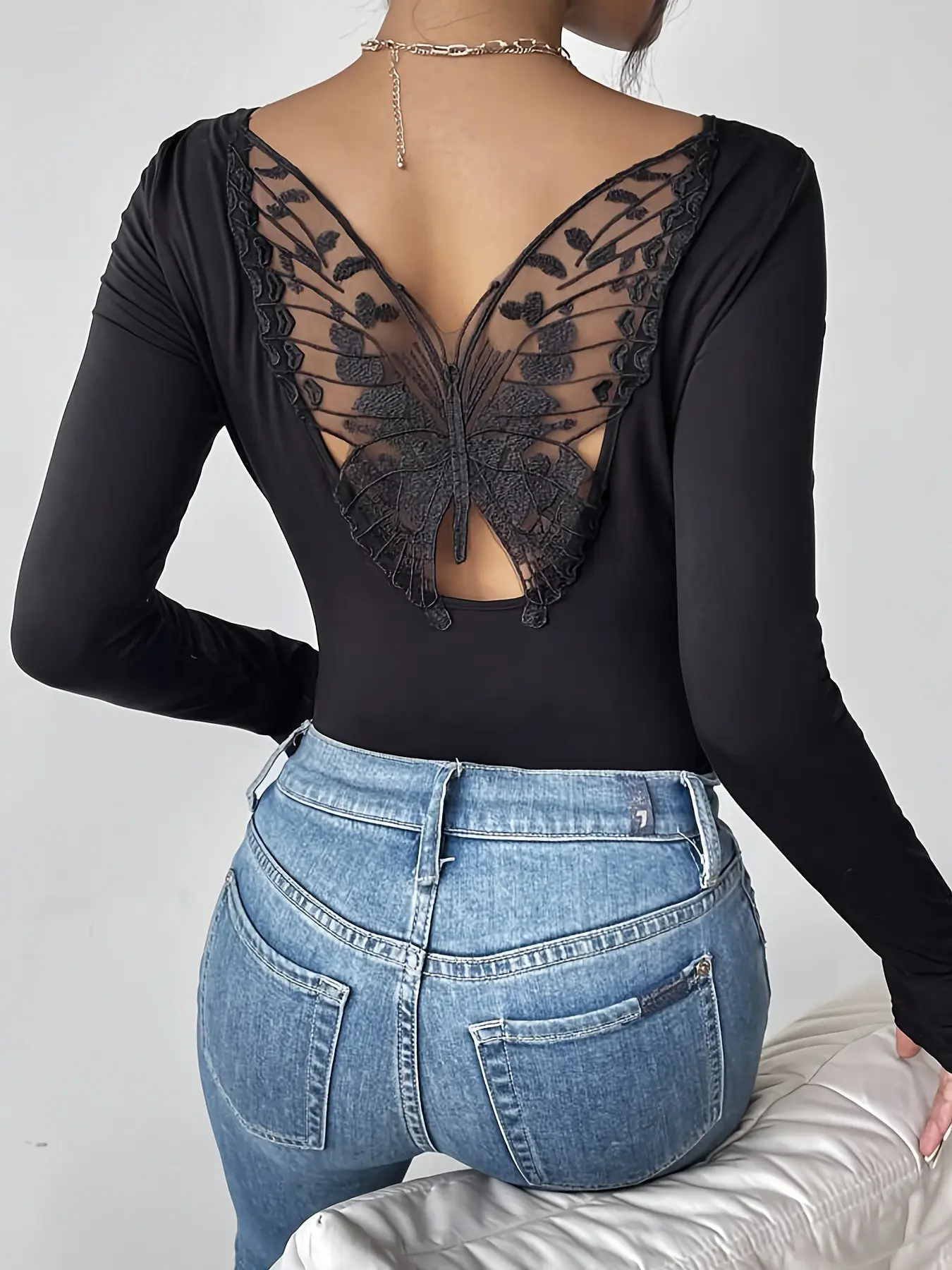 Women's Four-Season Backless Hollow Out Butterfly Trim Long Sleeve Plain T-Shirt, Slimming Top, Chic Elegant Commute Wear, Cutout