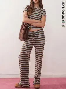 Women's Casual Colorful Striped Knitted Short Sleeve Top & Adjustable Loose-Fit Pants Set, Casual Lounge Set, Perfect for Holidays, Commuting, Daily Wear, Womenswear