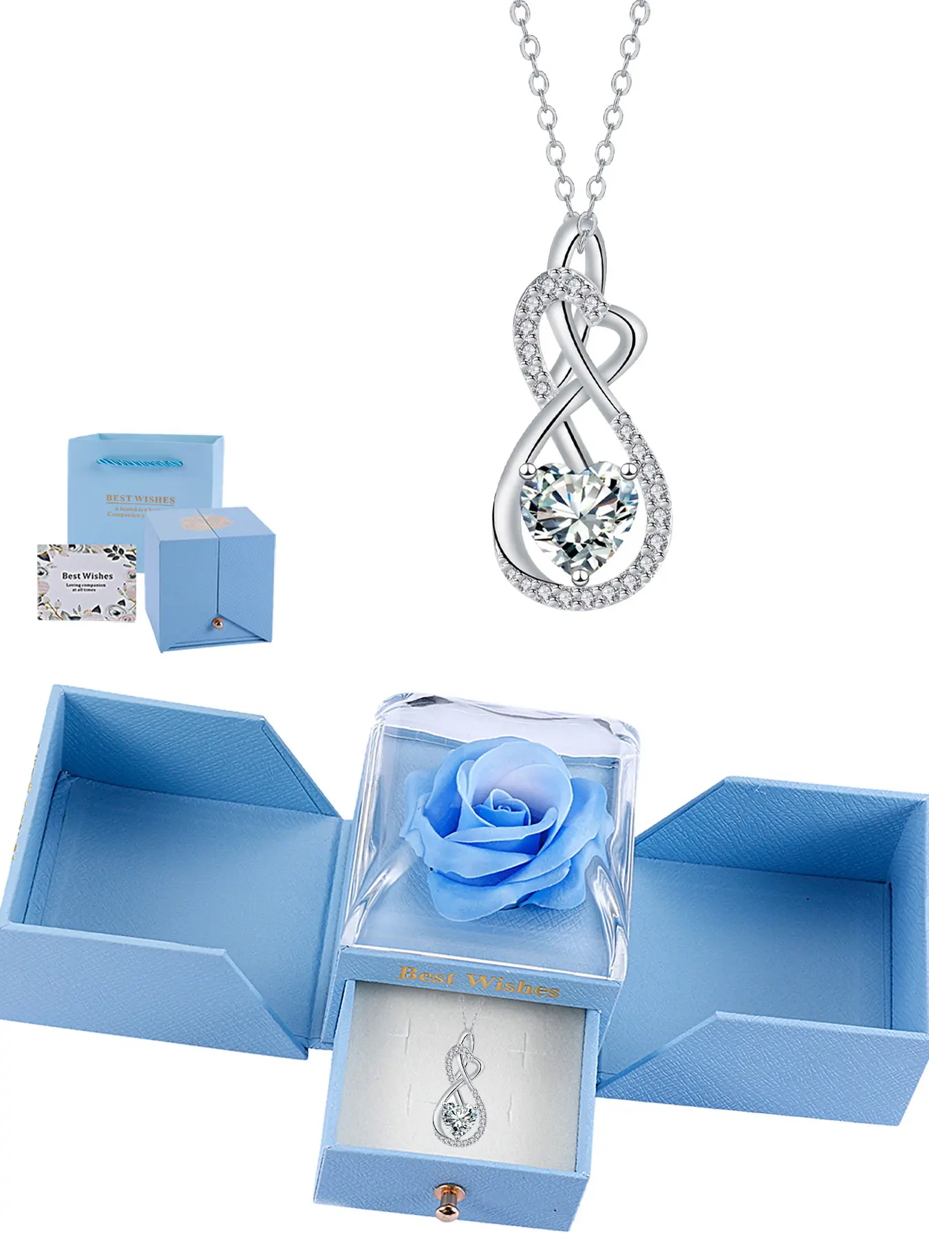 Heart Infinity Love Pendant Necklace & Water Drop Pendant, Silver Color Clavicle Chain, Trendy Jewelry, Eternal Flower Rose Gift Box, Ideal Birthday Christmas Present, Amour Heart Necklace, Droplet Pendant