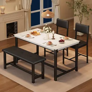 Garvee Set of 4 dining tables, kitchen table with benches and 2 upholstered chairs, for dining room and kitchen, apartment, sturdy frame, white marble, 113 x 70 x 75 cm
