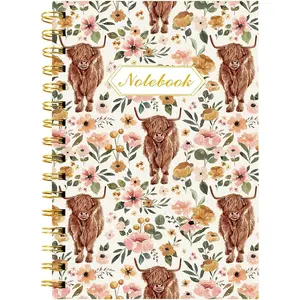 Highland Cow Floral Spiral Journal Notebook 80 Sheets A5 Watercolor Flower Cow College Ruled Notebook  -Wire Binding with  for School Office