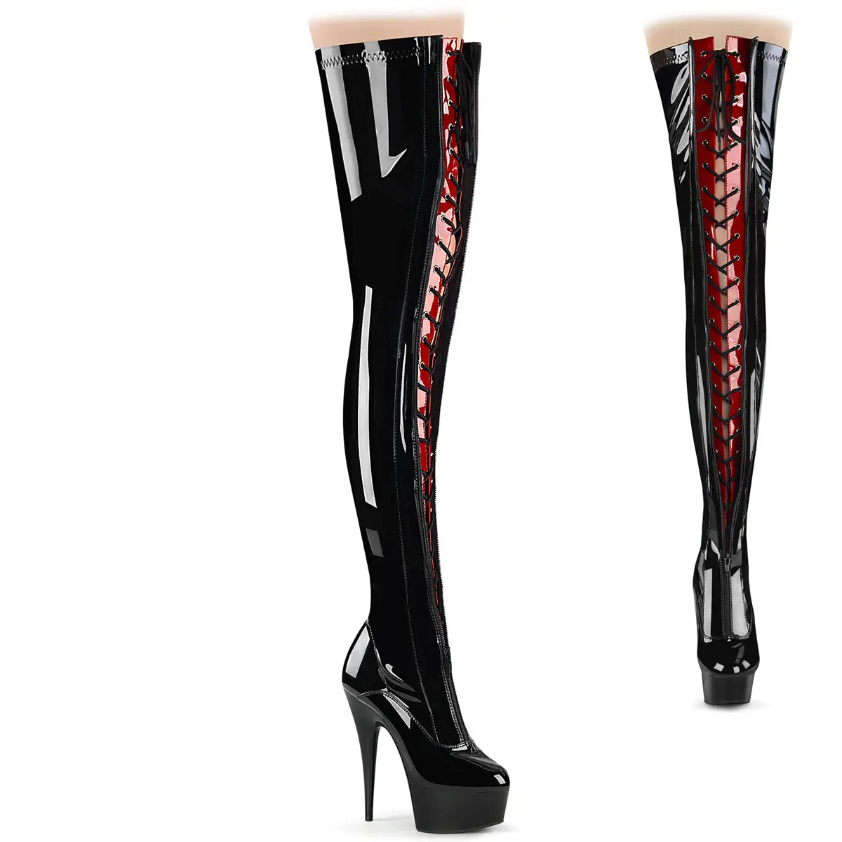 Women's Over-the-Knee 2-Tone Lace-Up Footwear - Black & Red Stretch Patent Leather Boots with 6-Inch Platform Heel, Dual Zippers, 6 In, Shoe, Two-Tone Lace-Up
