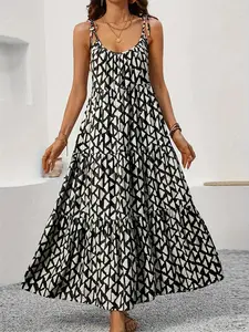 Women's All Over Geometric Print Cami Dress, Casual Sleeveless Spaghetti Strap Tiered Layer Dress for Summer, Bohemian Print Dresses, Ladies Clothes for Beach Holiday